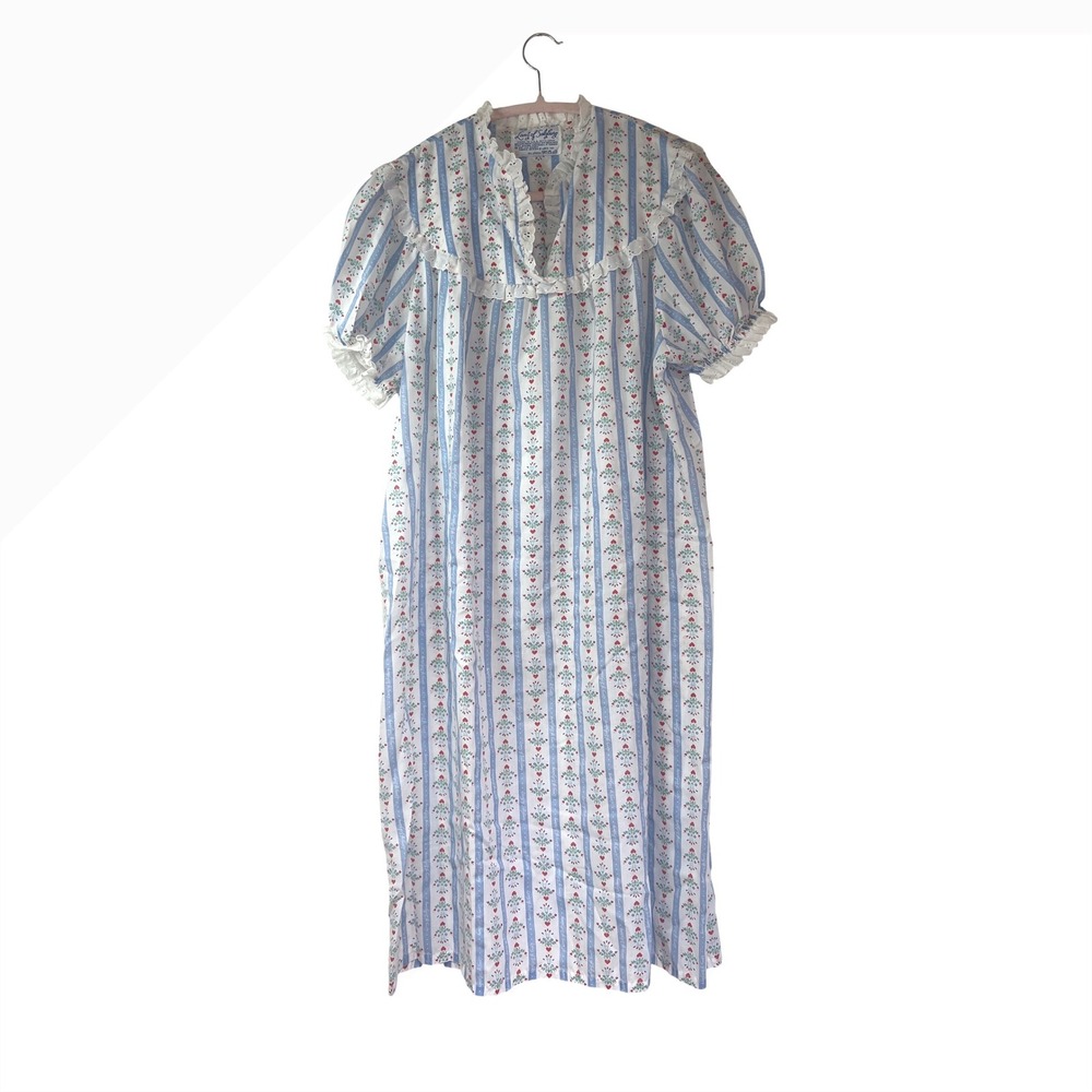 Vintage Lanz of Salzburg Traditional Nightgown Stripe Floral Heart Lace Trim L